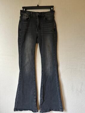 ROMWE Bell Bottom Jeans Black Fade Cross Embellished Flare Y2K Gothic Dark